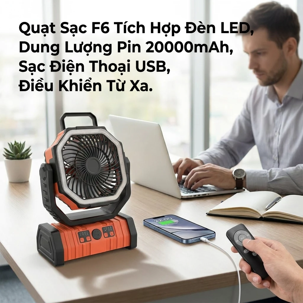 Quạt sạc tích điện F6 dung lượng 20000mAh có đèn LED chiếu sáng hỗ trợ sạc USB và điều khiển từ xa