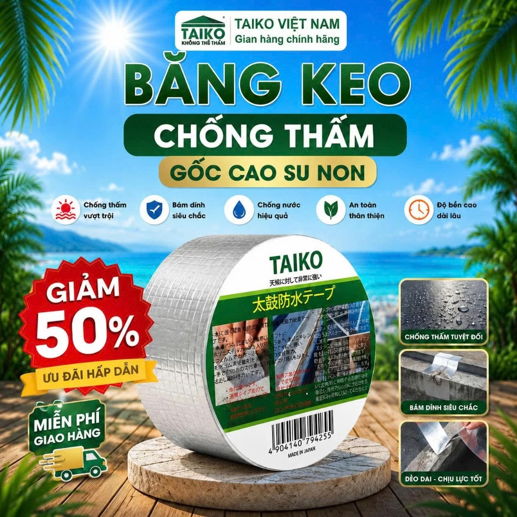 Băng Keo Chống Thấm TAIKOMI | Dán Mái Tôn, Tường, Máng Xối, Ban Công,Sân Thượng , Lô Gia, Chống Dột Cực Chắc