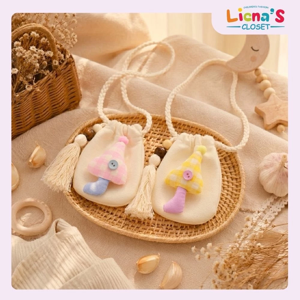 Túi Tỏi Đeo Cổ Hình Ô Bông Kẻ Đính Khuy Handmade Phong Cách Hàn Nhỏ Xinh Cho Bé Liena’s Closet