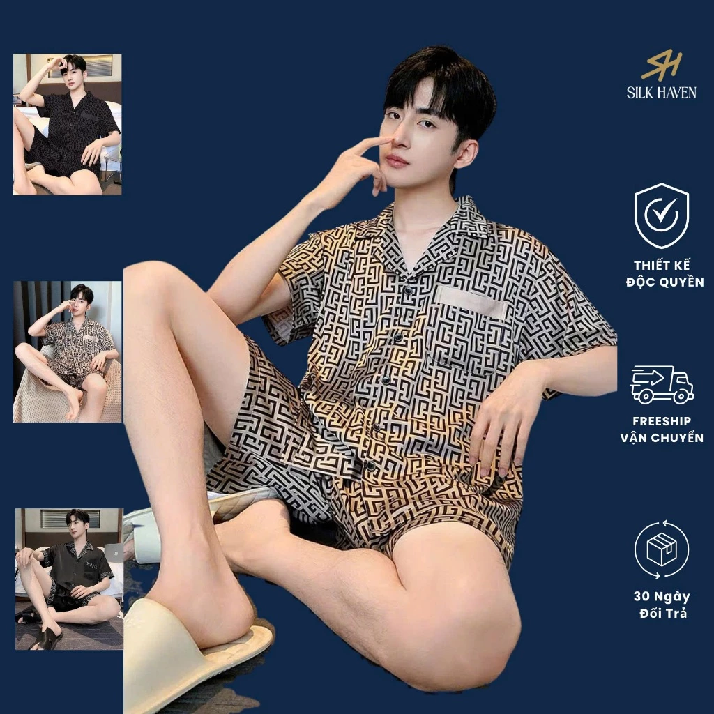 Bộ Pijama Nam Lụa Mỹ cao cấp tay ngắn - SILK HAVEN BL02-  Đồ Bộ Lụa cộc tay nam cao cấp