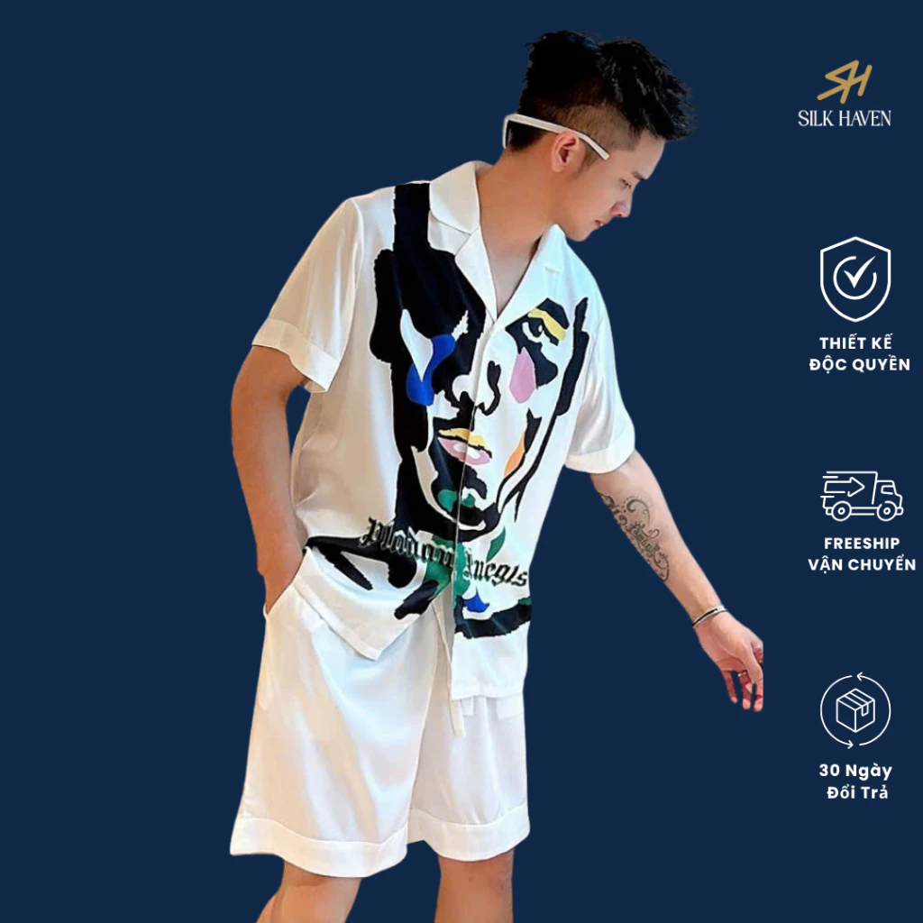 Set Lụa Băng cao cấp Nam Ngắn Tay Họa Tiết Nghệ Thuật  – Đồ Mặc Đi Chơi , Du Lịch Nghỉ Dưỡng Chất dày , mát Đứng form