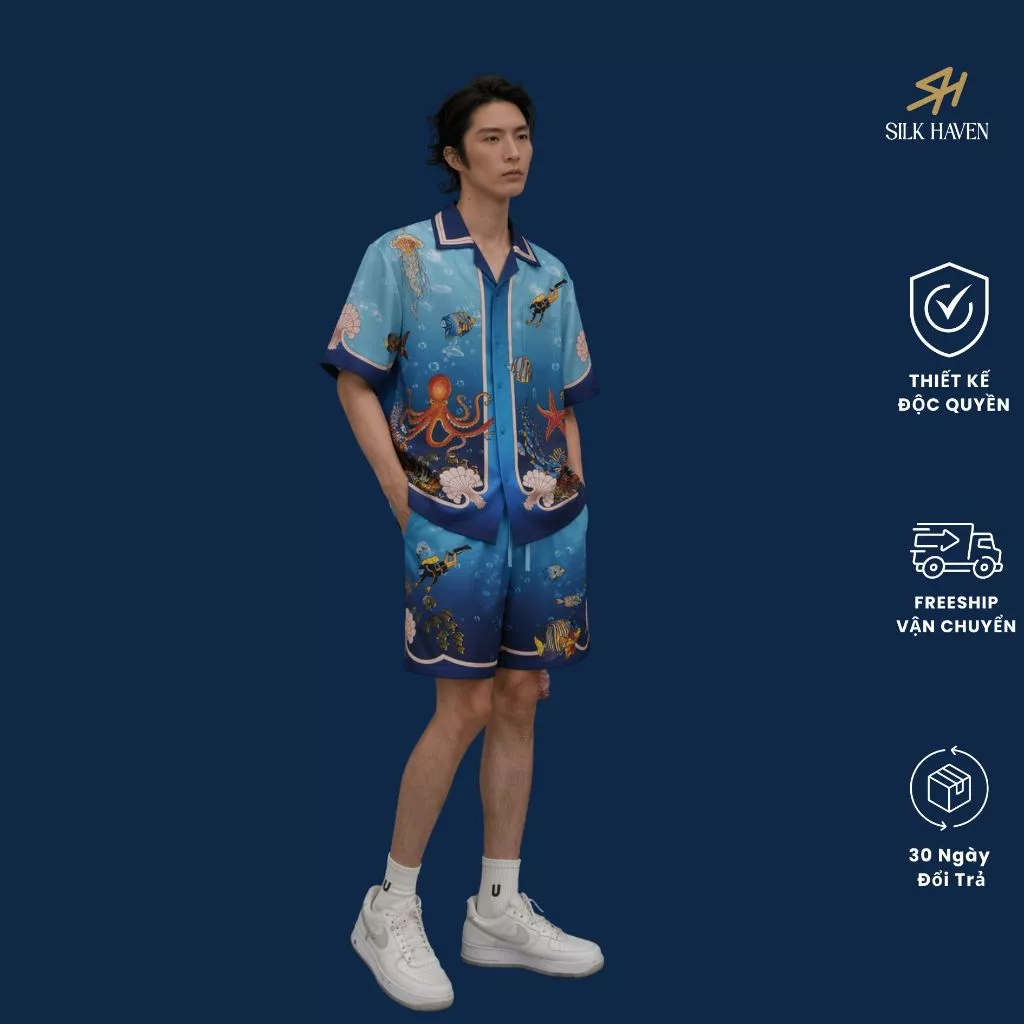 Set Lụa Queen cao cấp Nam Ngắn Tay Họa Tiết Biển cả -SILK HAVEN SN3- Bộ Lụa Băng Chất dày cao cấp