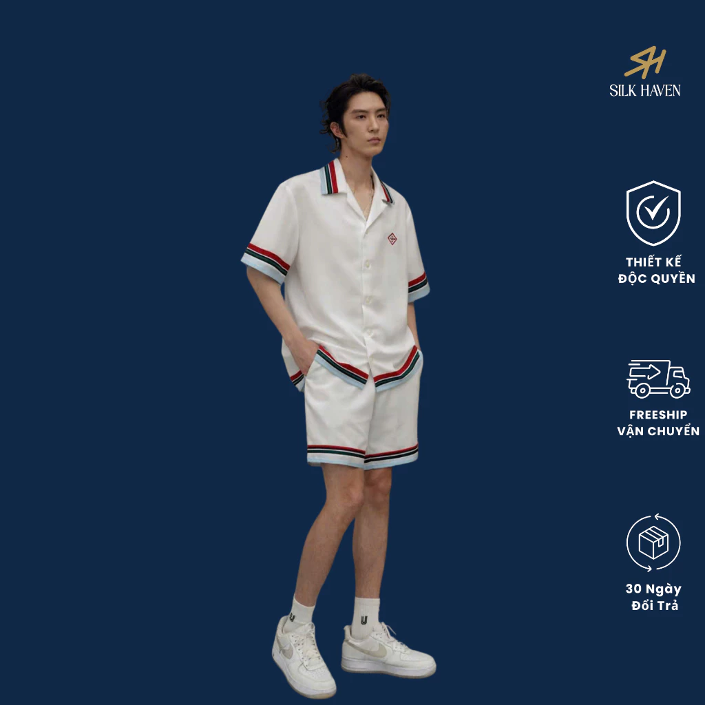 Bộ quần áo Lụa Nam Thiết kế Hoạ tiết -SILK HAVEN BL11- Bộ short lụa Nam cao cấp có bigsize 100kg