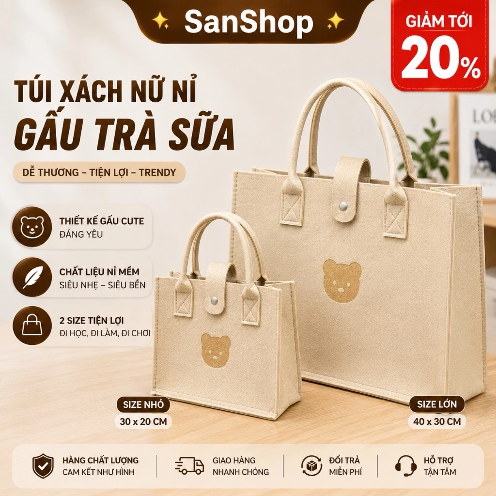 Túi Xách Nữ Nỉ Hình Gấu Màu Trà Sữa 2 Size Cầm Tay Đi Học Đi Làm Phong Cách Hàn - San Shop