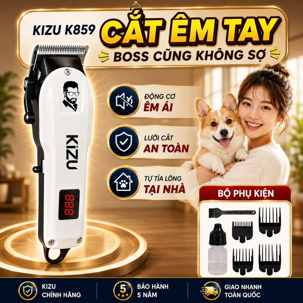 Tông Đơ Cắt Lông Chó Mèo Kizu K859, Máy Cạo Lông Thú Cưng Chính Hãng Cao Cấp Lưỡi Sắc Bén, An Toàn