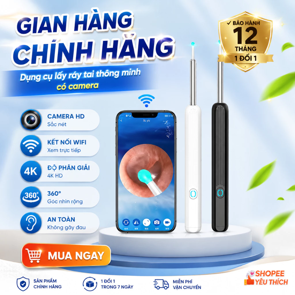 Dụng Cụ Lấy Ráy Tai Có Gắn Camera Nội Soi Full HD Đa Năng - Kết Nối Điện Thoại - Bảo Hành 12 Tháng