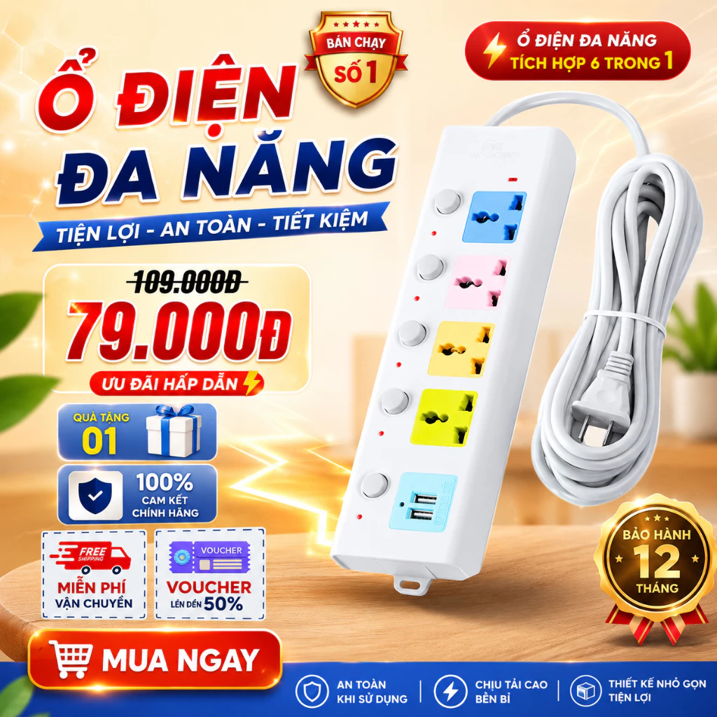 Ổ điện đa năng chống giật – dây 4m, 2 cổng USB, công suất 2500W