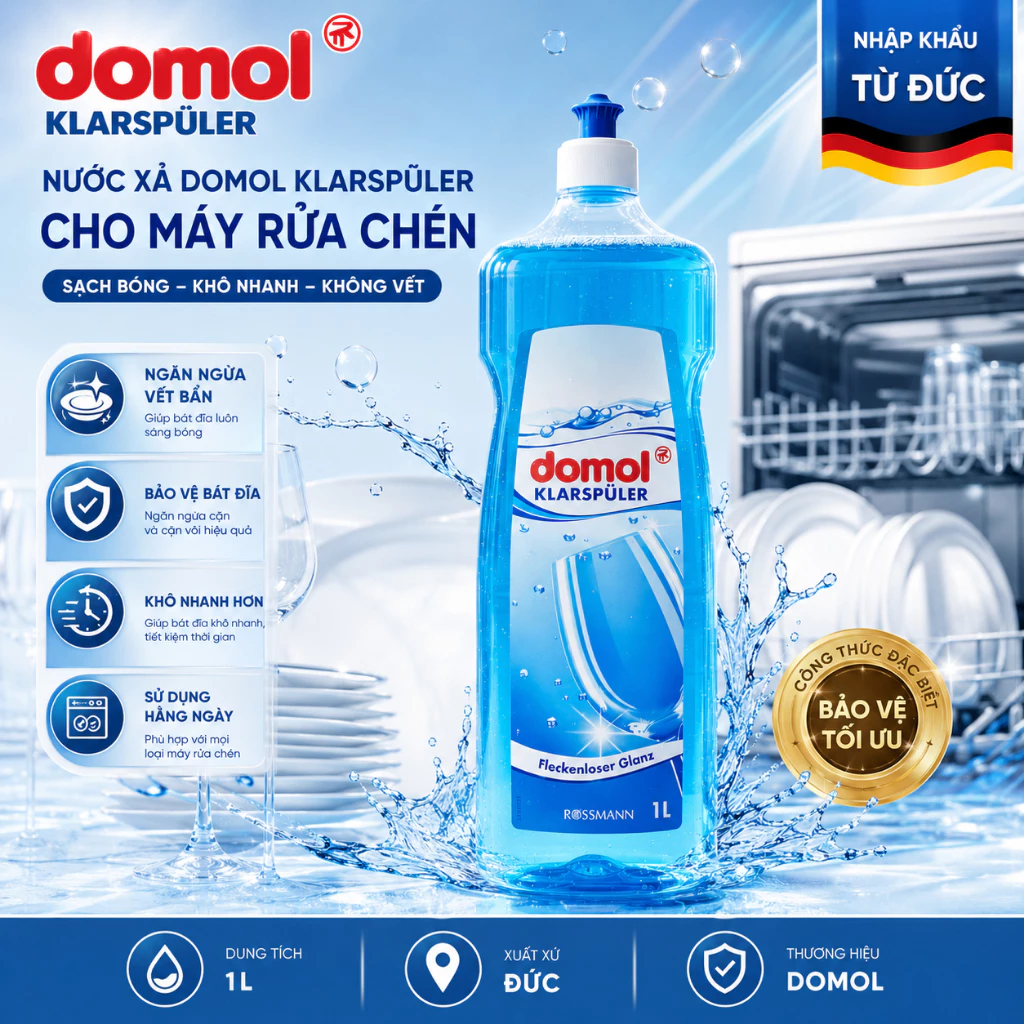 Nước làm bóng nước trợ xả máy rửa bát Domol Klarspuler sạch sáng khô nhanh Đức 1L
