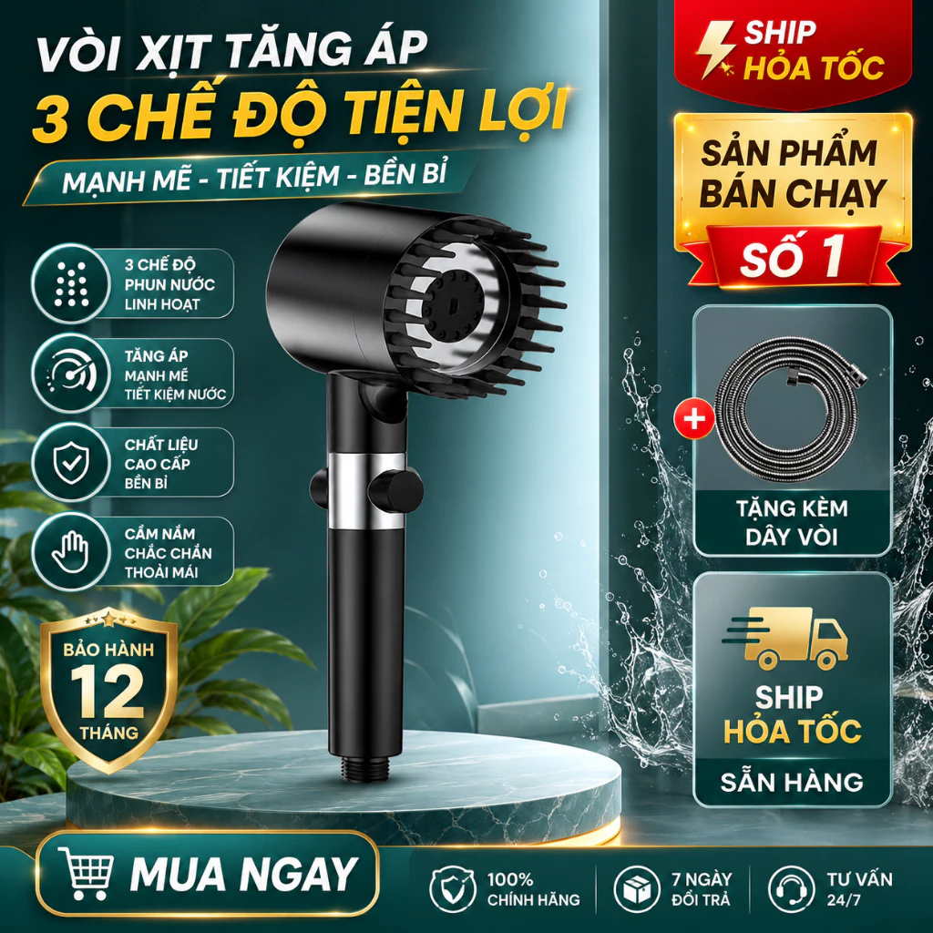 Vòi hoa sen tăng áp thông minh tặng kèm dây – 3 chế độ phun, lõi lọc cao cấp