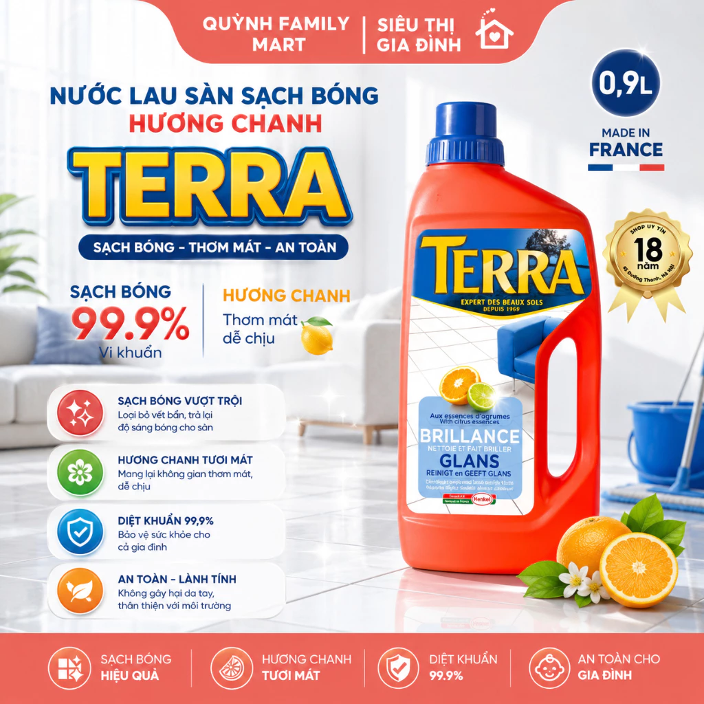 Nước lau sàn Terra hương chanh sạch bóng diệt khuẩn Pháp 0.9L an toàn lành tính