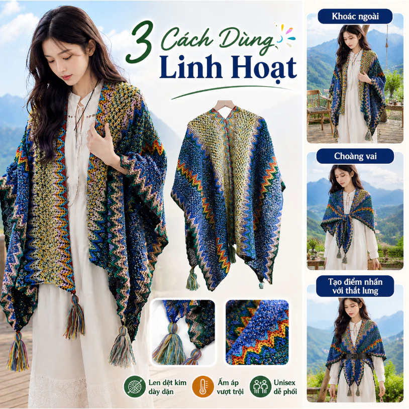 Khăn Choàng Kiểu Áo Choàng Boho Dày Dặn Len Dệt Kim Giữ Ấm Đi Du Lịch Mùa Đông Phong Cách Cá Tính