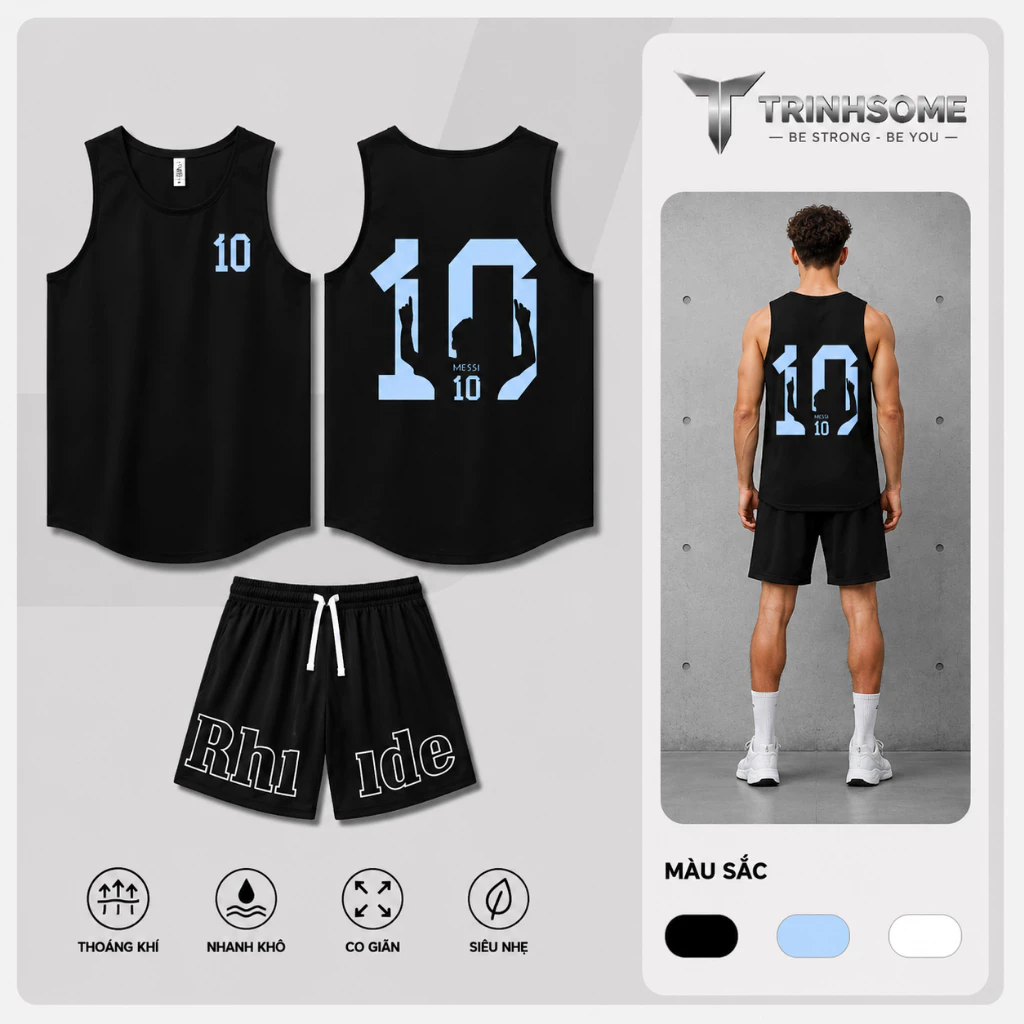 Bộ Quần Áo Thể Thao Sport Bóng Đá, Tập Gym, Thể Hình Áo Ba Lỗ Tanktop Cổ Tròn Sát Nách In Số 10 Phối Quần 2 Túi Có Khoá