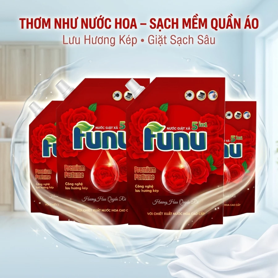Thùng 4 Túi Nước Giặt Xả FUNU Đỏ Hương Nước Hoa Cao Cấp Sạch Nhanh, Trắng Sáng, Giữ Bền Màu Quần Áo