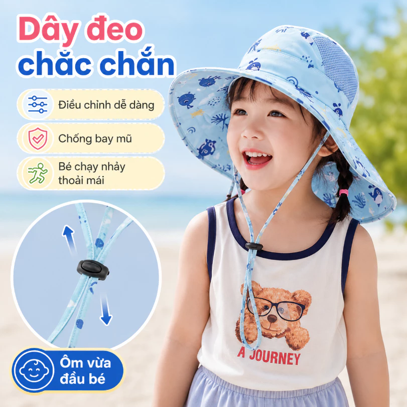 Mũ chống nắng trẻ em UPF50+ rộng vành che mặt che cổ che gáy thoáng khí có dây đeo và còi bé trai bé gái đi biển mùa hè