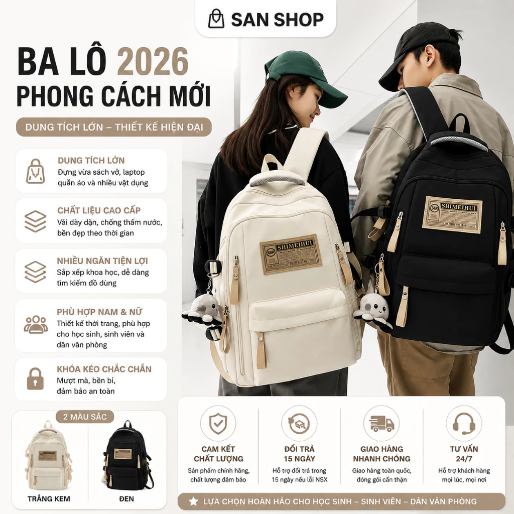 Balo Hàn Quốc 2026 Phong Cách Mới Ba Lô Dung Tích Lớn Nam Nữ Sinh Viên Đại Học Sanshop