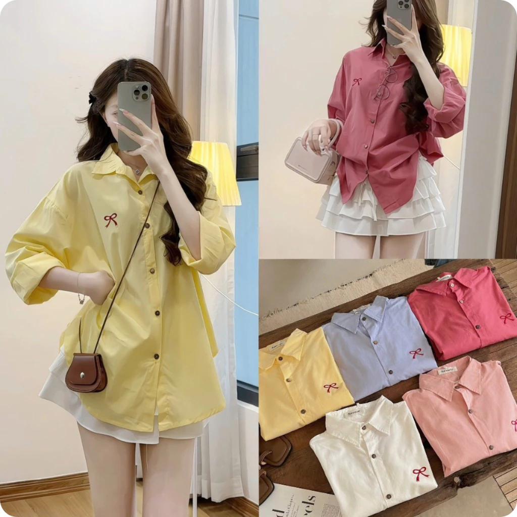 Áo Sơ Mi Dài Tay Nữ Kiểu Thêu Hình Nơ Nhiều Màu Ullzang, Sơ Mi Nữ Thêu Nơ Xinh Khoác Ngoài Dáng Hàn Quốc