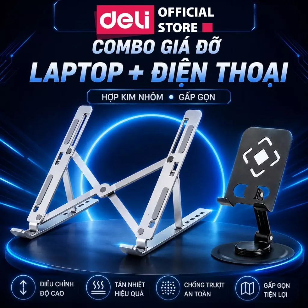 Combo Giá Đỡ Laptop & Điện Thoại Deli – Kệ Laptop 6-10 Mức + Giá Đỡ Điện Thoại Gấp Gọn, Tản Nhiệt, Chống Trượt