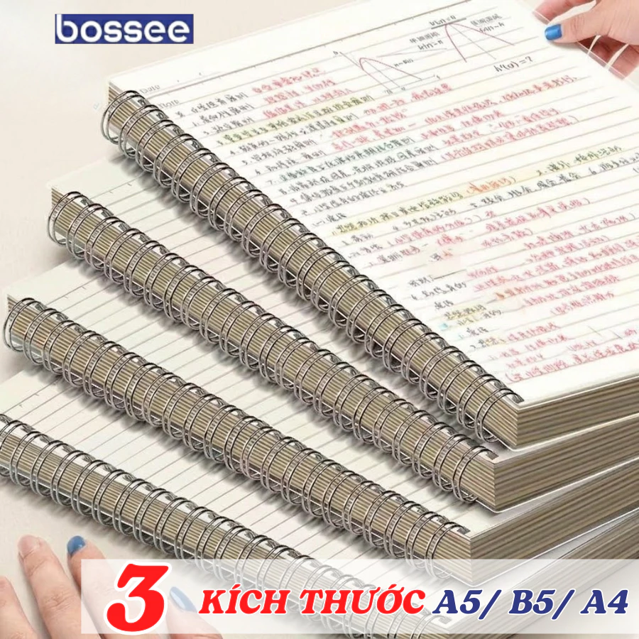 Sổ lò xo A5/B5/A4 bìa nhựa trong suốt 160 Trang, vở lò xo kép giấy chống lóa caro vuông, kẻ ngang, không dòng kẻ