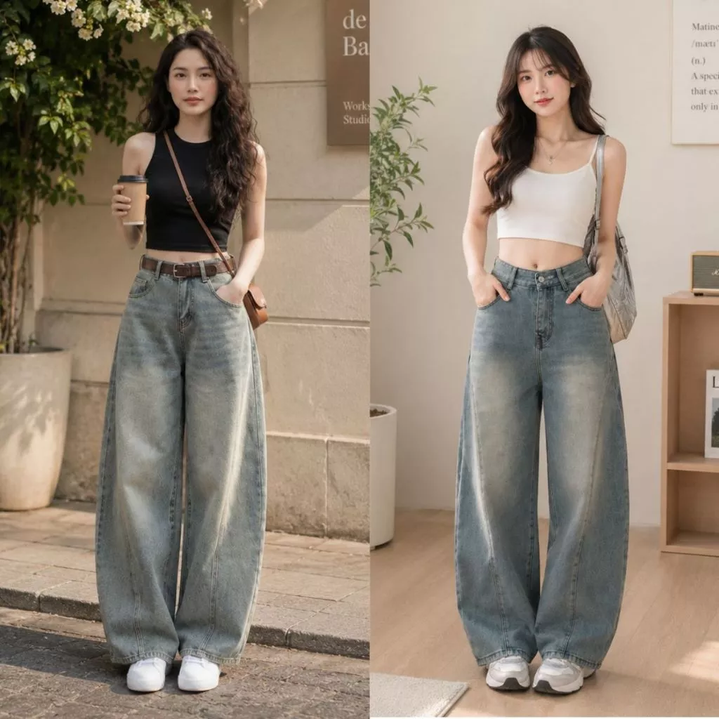 [Hàng mới về] Quần Jean Ống Cong Nữ MIAA dáng Suông Phối Line chất Bò Jean Mềm cạp cao bigsize