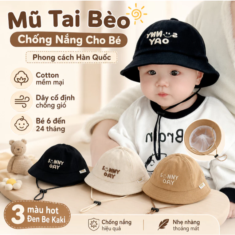 Mũ Tai Bèo Chống Nắng Cho Bé 6-24 Tháng Chống UV Dây Cố Định Chắc Chắn Thoáng Khí Nhẹ Nhàng Đi Biển Đi Chơi Công Viên
