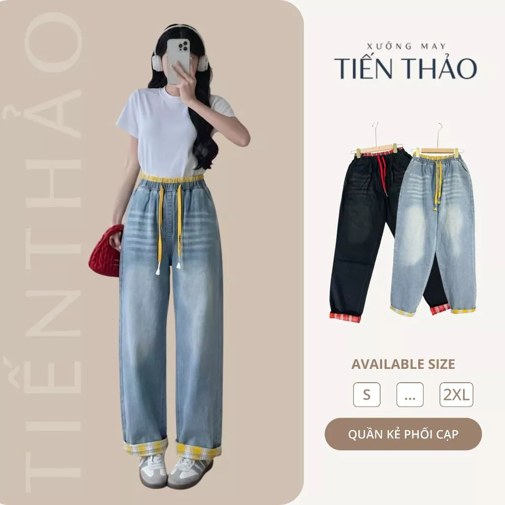 Quần Jean Baggy Kẻ Phối Cạp Trẻ Trung Q09 - Thời Trang Xu Hướng, Trends 2025, Form Rộng Rãi