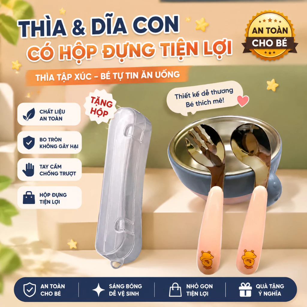 Bộ muỗng nĩa inox cho bé ăn dặm – cong tay thẳng, kèm hộp đựng vệ sinh