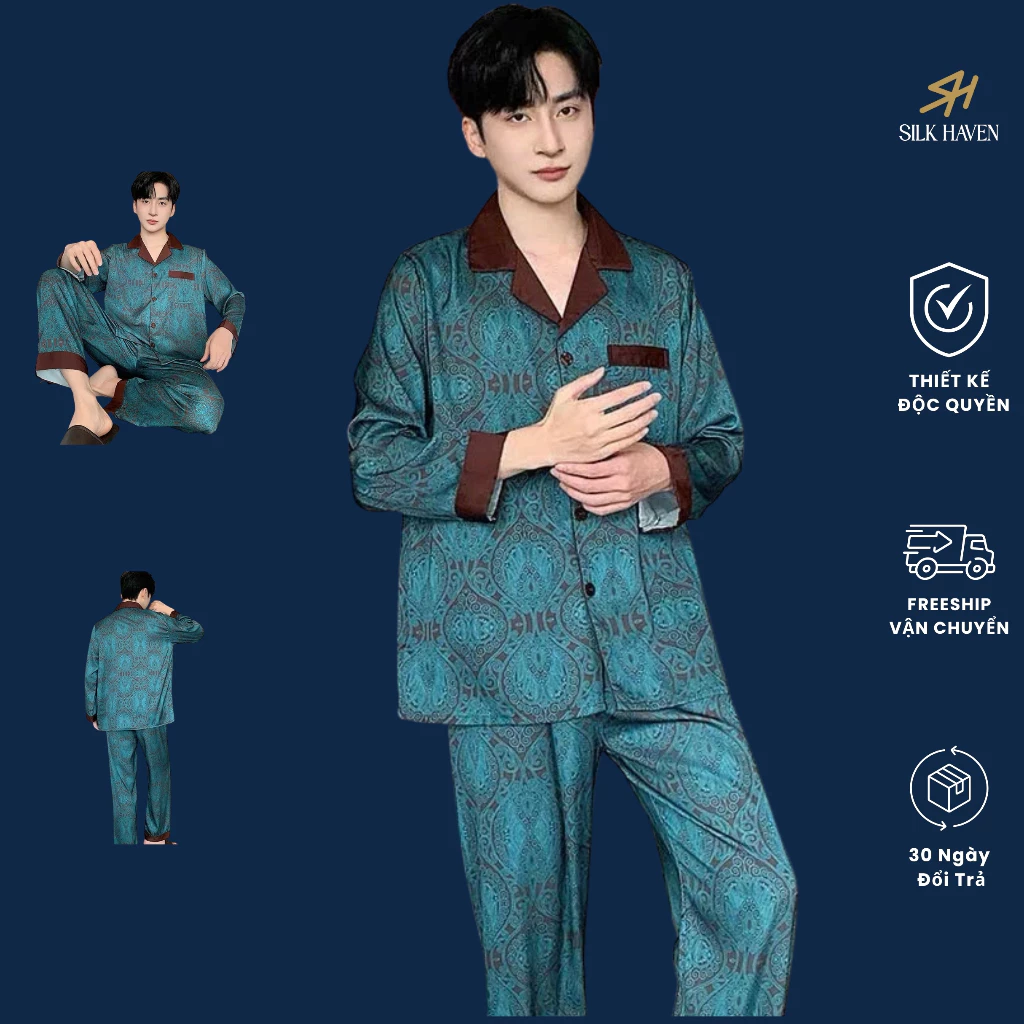 Bộ Pijama dài tay chất Lụa cao cấp -SILK HAVEN BL05 - Đồ ngủ Mặc nhà cao cấp cho nam co size100kg