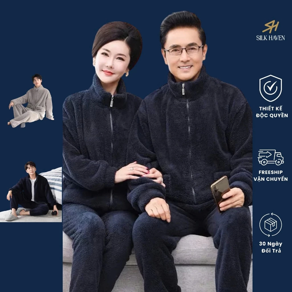 Bộ Đồ Lông Cừu cho bố mẹ  mùa đông - SILK HAVEN BĐ02- Bộ lông cừu 2 mặt  Có BO CHUN trung niên