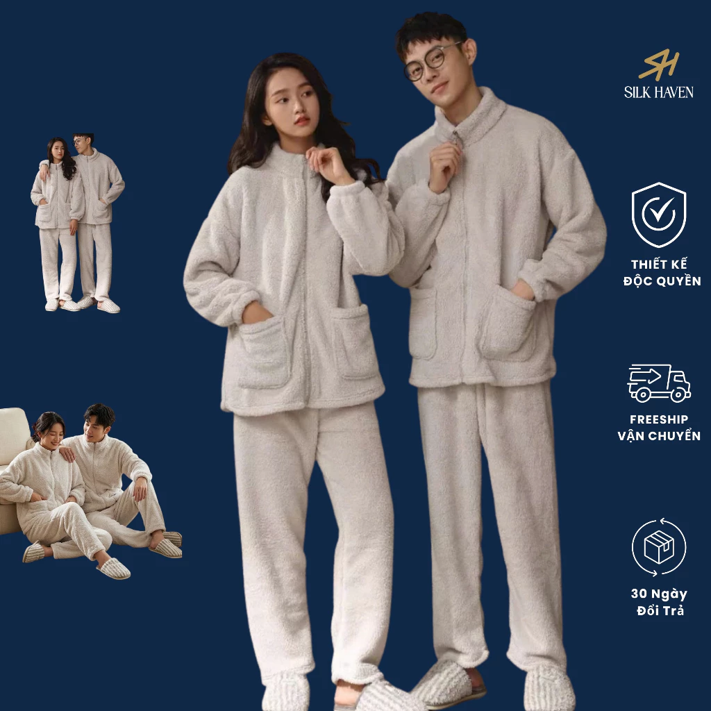 Bộ Lông Cừu San Hô hai mặt  Ống Suông -SILK HAVEN BĐ02- Bộ mặc nhà mùa đông cho nam và nữ