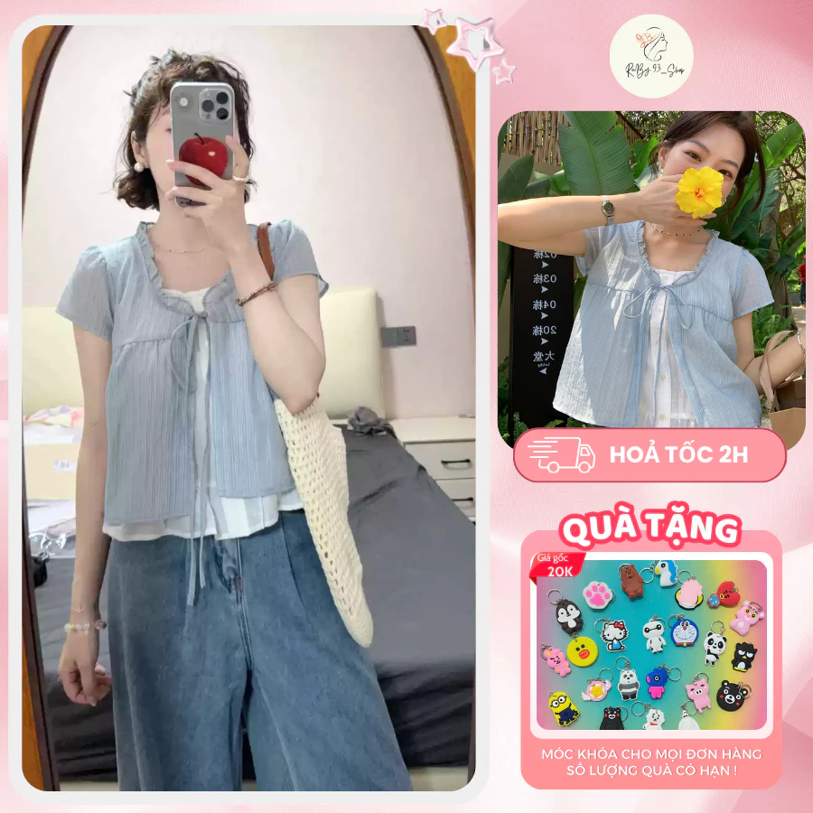 AÓ BABYDOLL VIỀN BÈO CỘC TAY HOA NHÍ NƠ NGỰC PHỐI REN NƠ TRẮNG, Áo Kiểu Nữ cách điệu có dây nơ