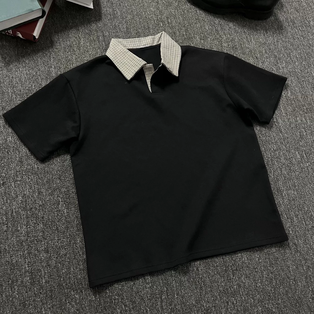 Áo Polo Nam Nữ Cổ Mở Họa Tiết CARO, Áo Thun Có Cổ Tay Ngắn Chất Cotton 2 Chiều Dày Dặn Form Rộng Unisex