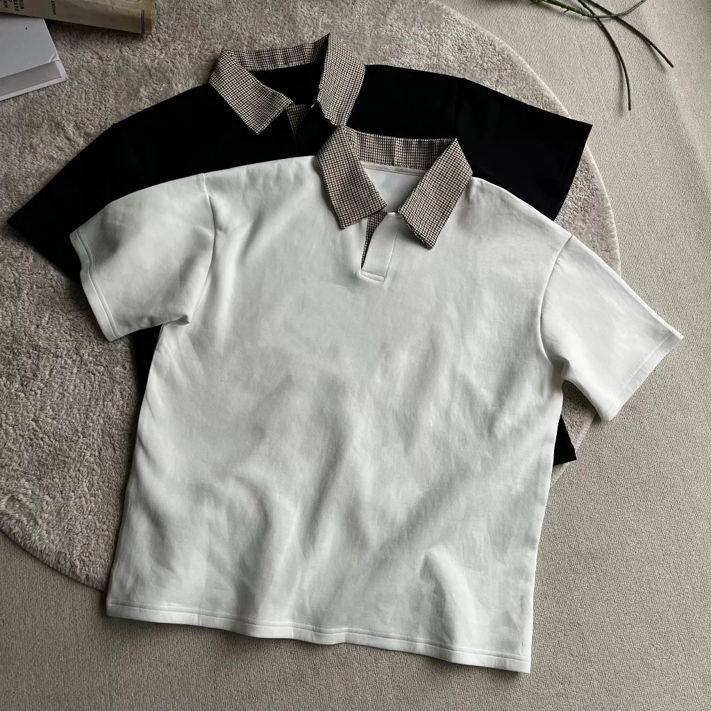 Áo Polo Nam Nữ Cổ Mở Họa Tiết CARO, Áo Thun Có Cổ Tay Ngắn Chất Cotton 2 Chiều Dày Dặn Form Rộng Unisex