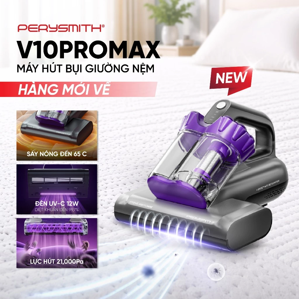 Máy Hút Bụi Giường Nệm PerySmith V10Pro Max, Có Dây, Con Lăn, Diệt Khuẩn, Hút Bụi Mịn, Có Đèn UV