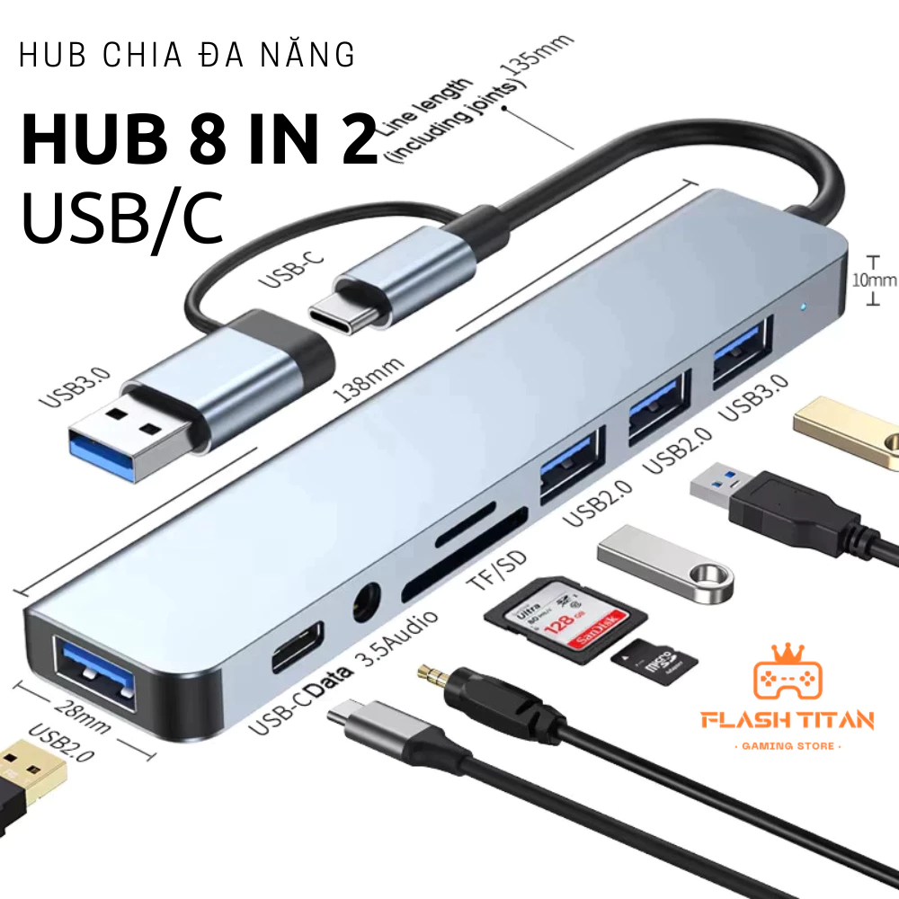 Hub chuyển Type C 8in2 - Bộ chuyển đổi sang HDMI 4k/USB/TypeC dùng cho laptop, PC, Smart Phone
