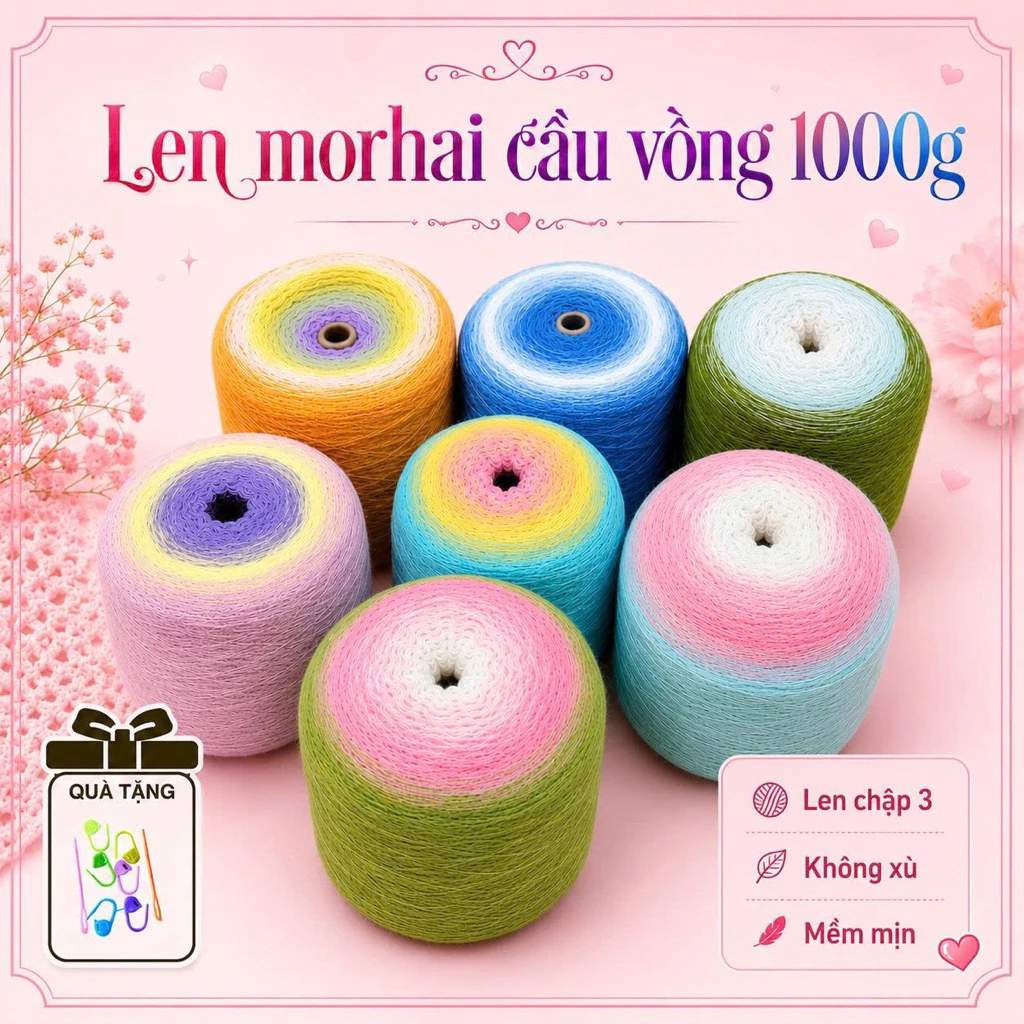 [1000gr] len cầu vồng chập 3 sợi chuyên đan/ móc chăn họa tiết ma thuật, khăn choàng móc, bó hoa hồng,…