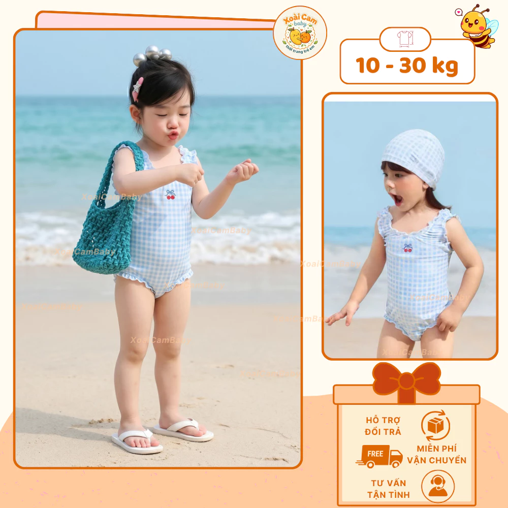 Bộ Bơi Bé Gái Liền Thân Cổ Phối Chun Caro Xanh Cherry Dễ Thương Co Giãn Cho Bé Đi Biển Hồ Bơi - M34