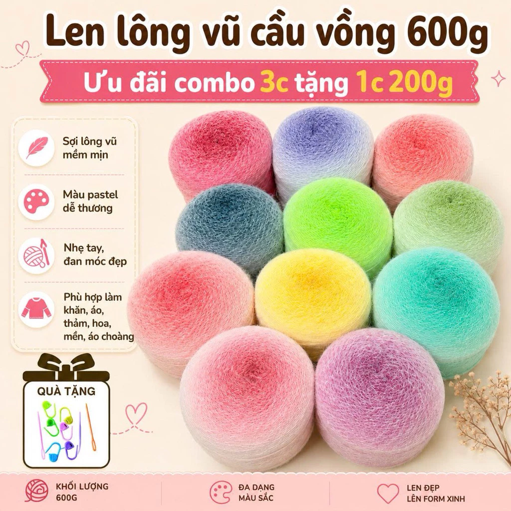 Len Loang Cầu Vồng Lông Vũ 600g Cỡ Đại - Len Đan Móc Áo Choàng, Thảm hoa, Khăn Cực Mịn (Hàng Sẵn)