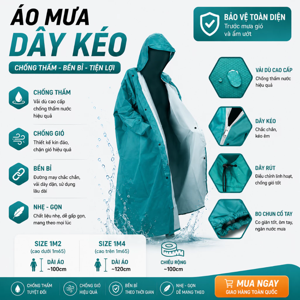 [HỎA TỐC] Áo Mưa Dây Kéo Vải Dù Tổ Ong Cao Cấp Size 1m2-1m4 Hàng Xưởng Việt Nam