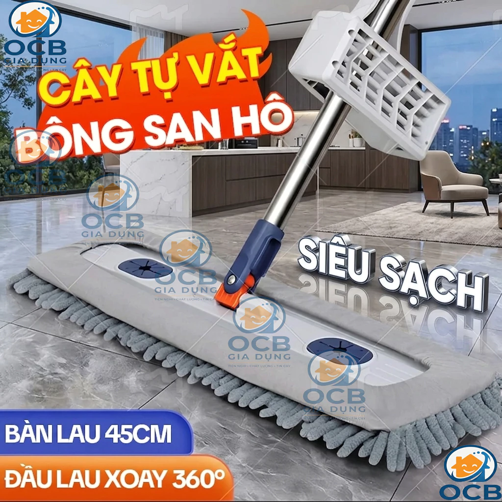[TẶNG THÊM 1 BÔNG LAU] Cây lau nhà san hô tự vắt xoay 360 –Chổi lau sàn thông minh, không cần giặt tay