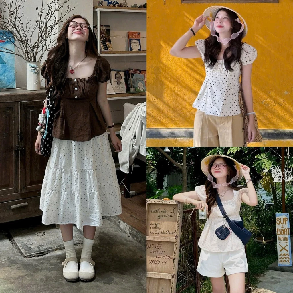 [Hàng Sẵn, L1] Áo Babydoll tay cánh tiên bồng Thêu Hoa Cherry Top.