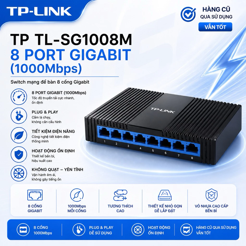 [ 1GB ] Bộ chia mạng switch 8 cổng Gigabit, Switch TPlink 8 cổng SG1008 đã qua sử dụng 8 cổng 1000MB GIGABIT