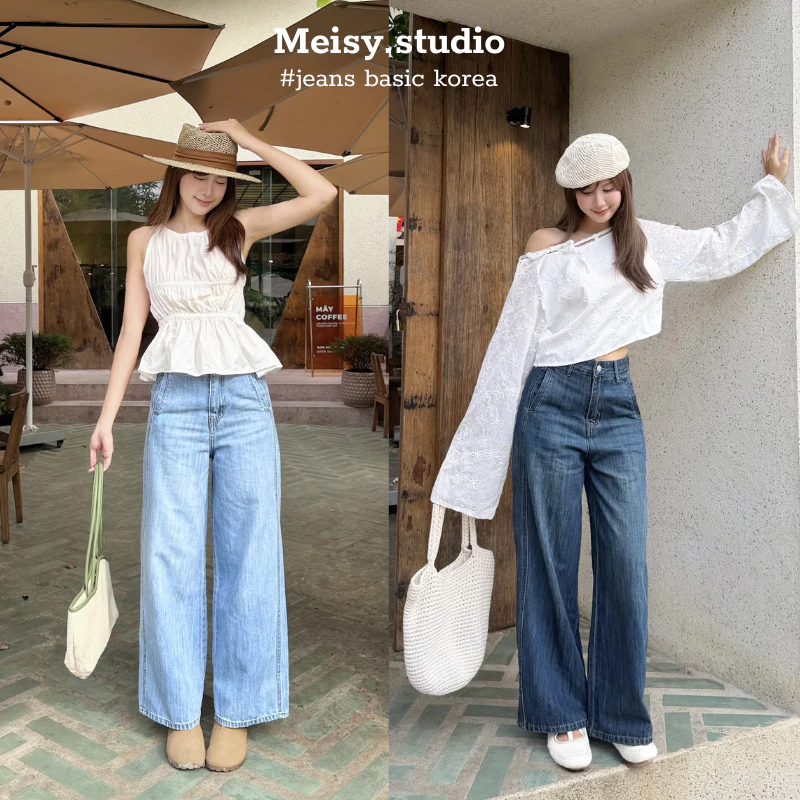 Quần ống rộng túi sườn vải Jeans mềm cotton phong cách basic Hàn Quốc ORCS26