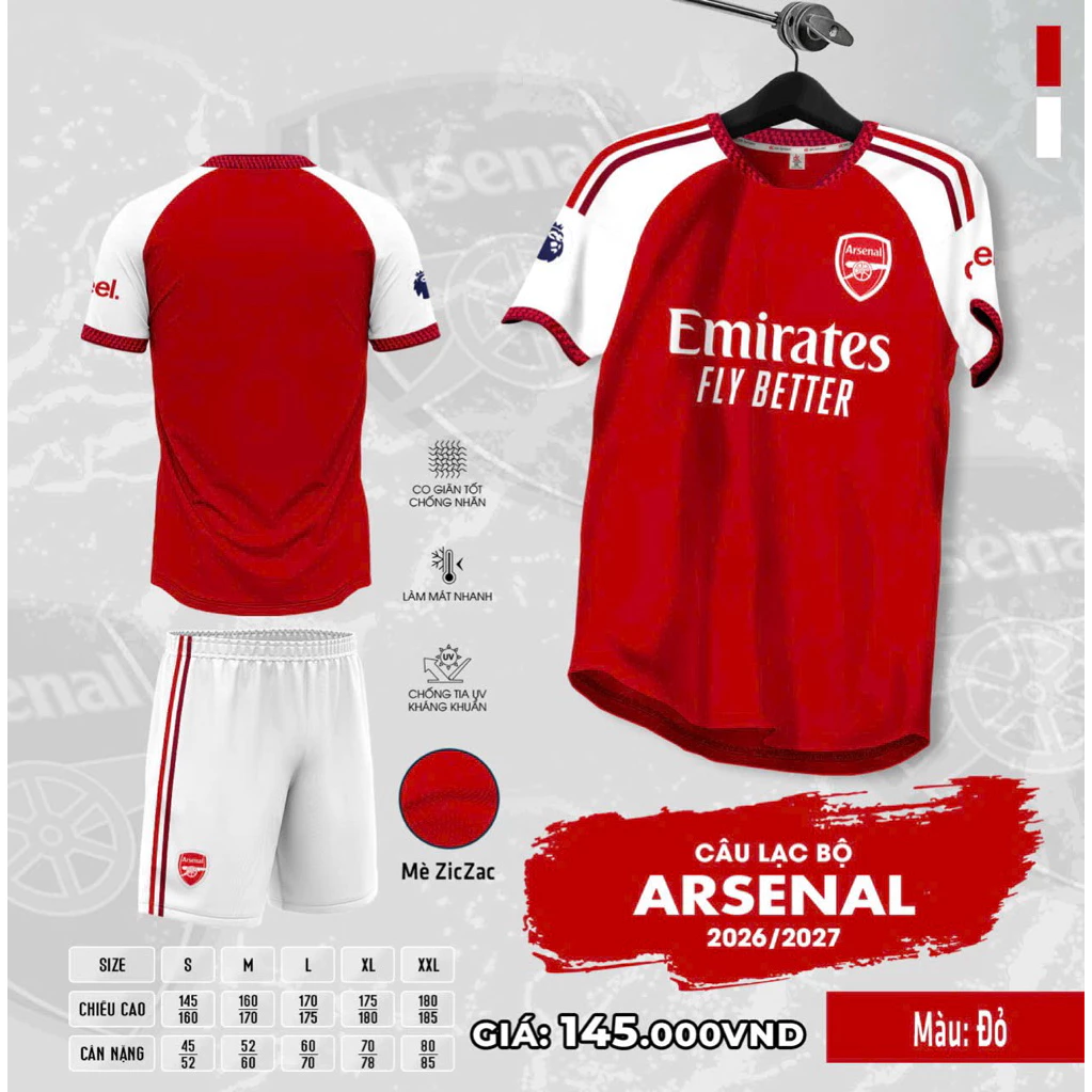 Bộ Quần Áo Bóng Đá Arsenall đỏ 2026 Thun Mè ThOáng Mát Có In Tên Số