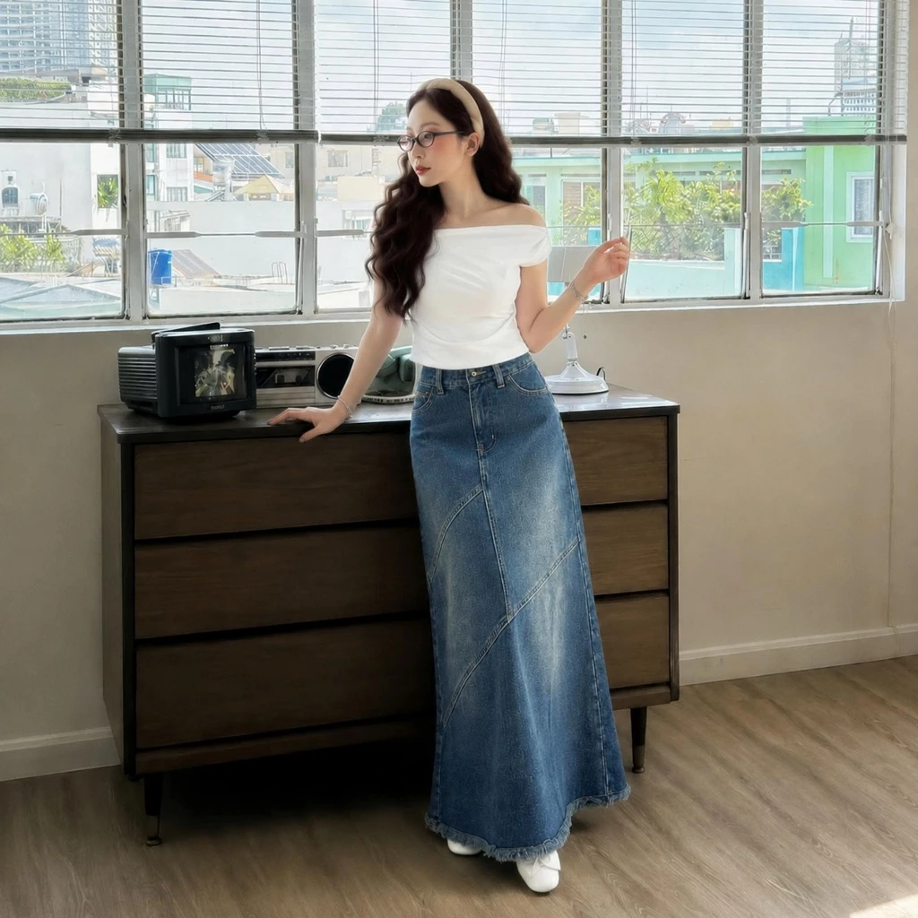 Chân váy jeans dài cạp cao, chân váy bò nữ dáng chữ A xẻ tà sau tôn dáng phong cách Hàn Quốc ED02