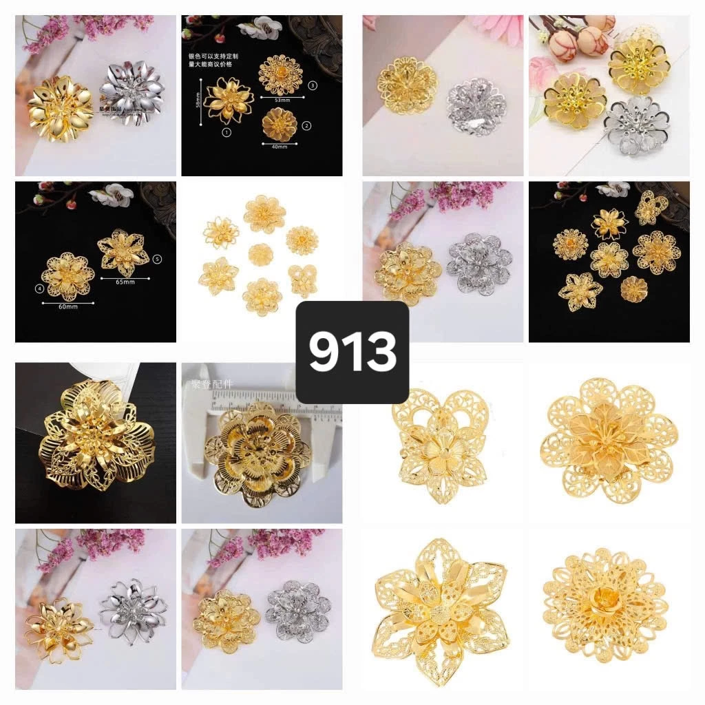 (5 cái)Phiến kim loại hình hoa nhiều mẫu, nguyên liệu làm trâm cài tóc cổ trang, nguyên liệu diy
