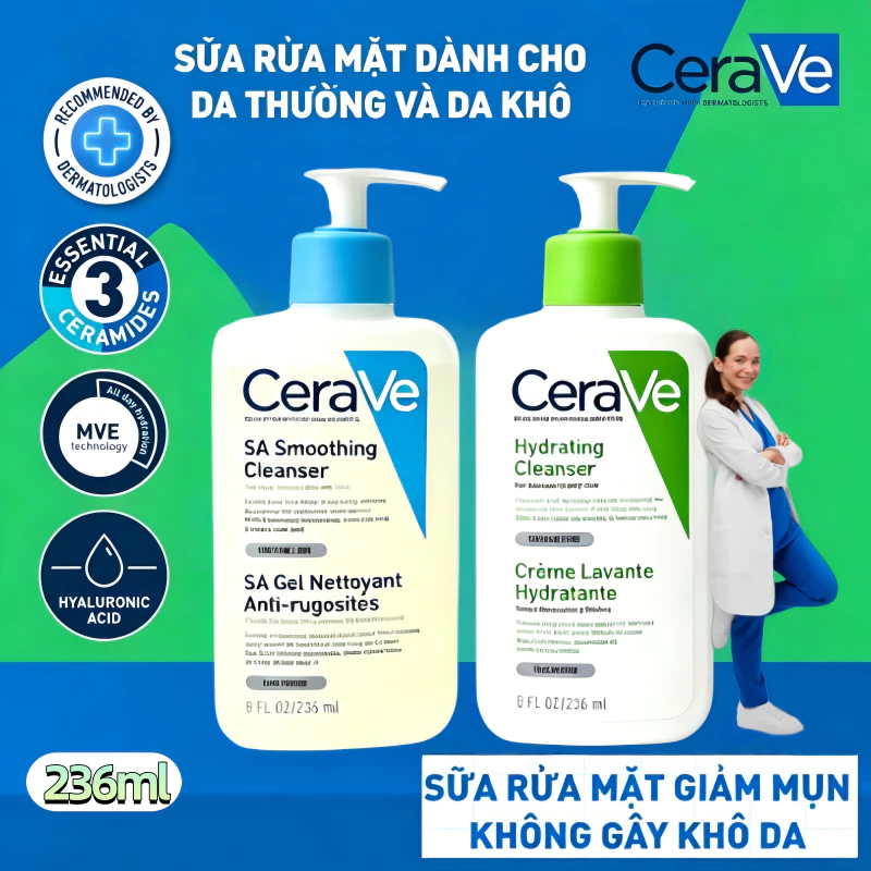 [EXP:2028] Sữa rửa mặt Cerave 236ml làm sạch sâu, dịu nhẹ cho da Thích hợp cho da thô và khô hoặc da dầu