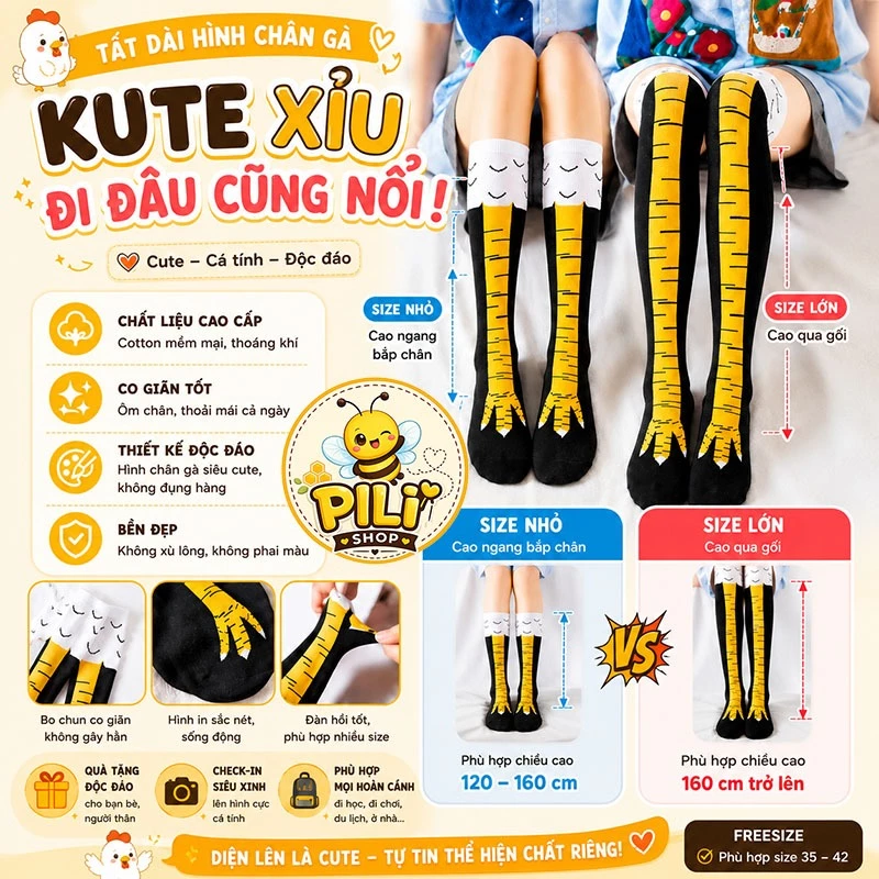 Tất Chân Gà Cổ Dài  Unisex Họa Tiết Hài Hước, Vớ Đùi Cotton Co Giãn Tốt In Hoạt Hình Ngộ Nghĩnh