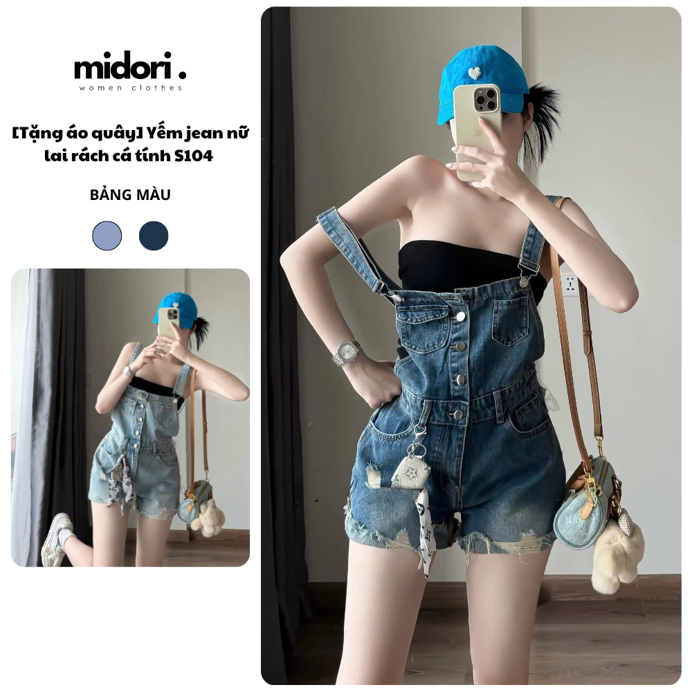 Yếm jean nữ hai dây lai tua rách cá tính Midori Shop Quần yếm đùi dễ thương denim hottrend S104