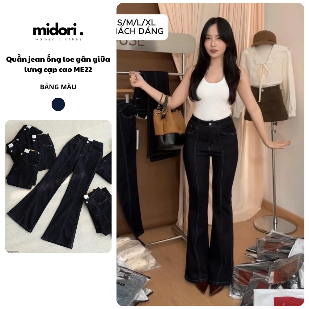 Quần jean ống loe nữ gân giữa sang chảnh Midori Shop Quần bò nữ lưng cạp cao màu xanh retro ME22