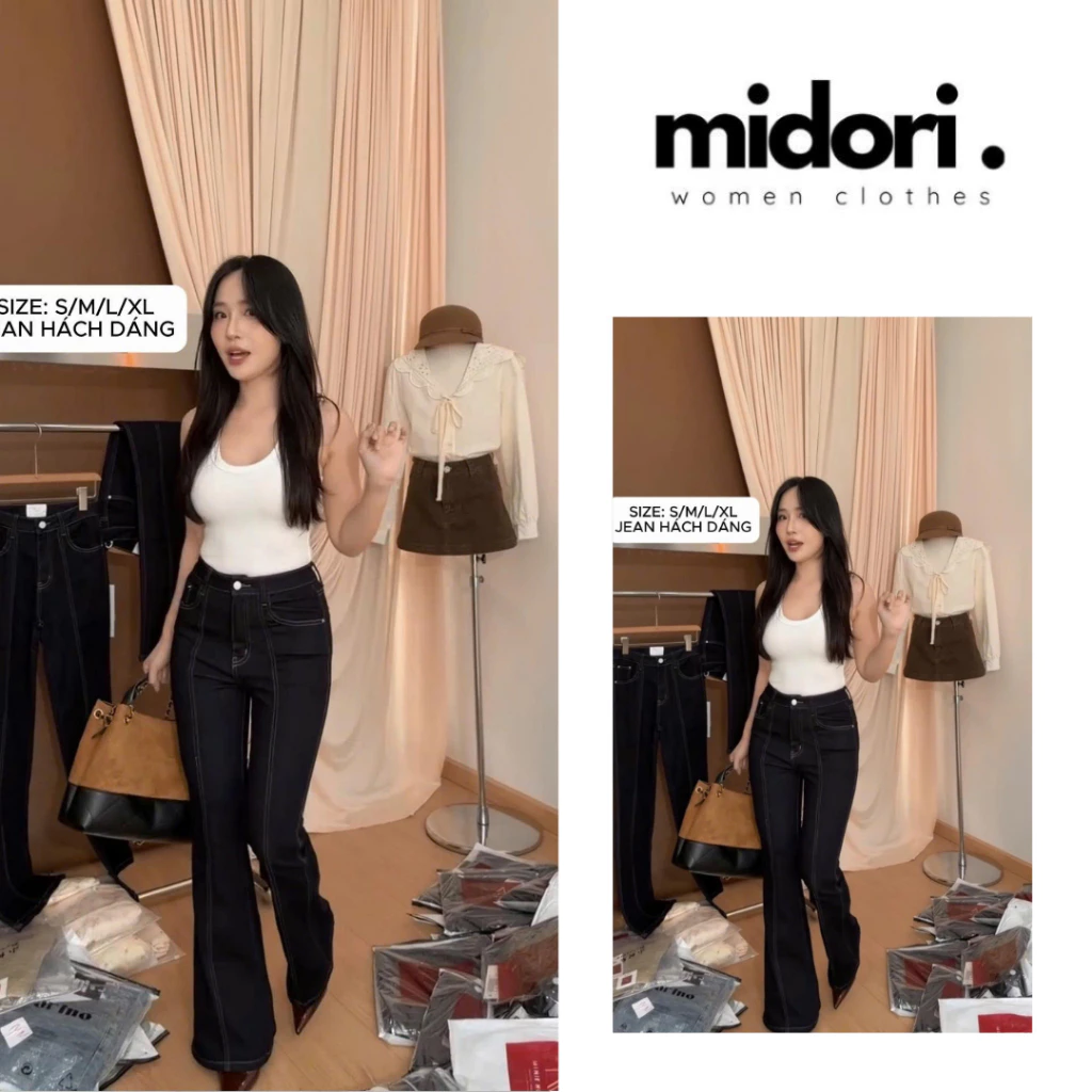 Quần jean ống loe nữ kẻ chỉ nổi ôm eo hack dáng, quần denim nữ phong cách Hàn Quốc hot trend ME22